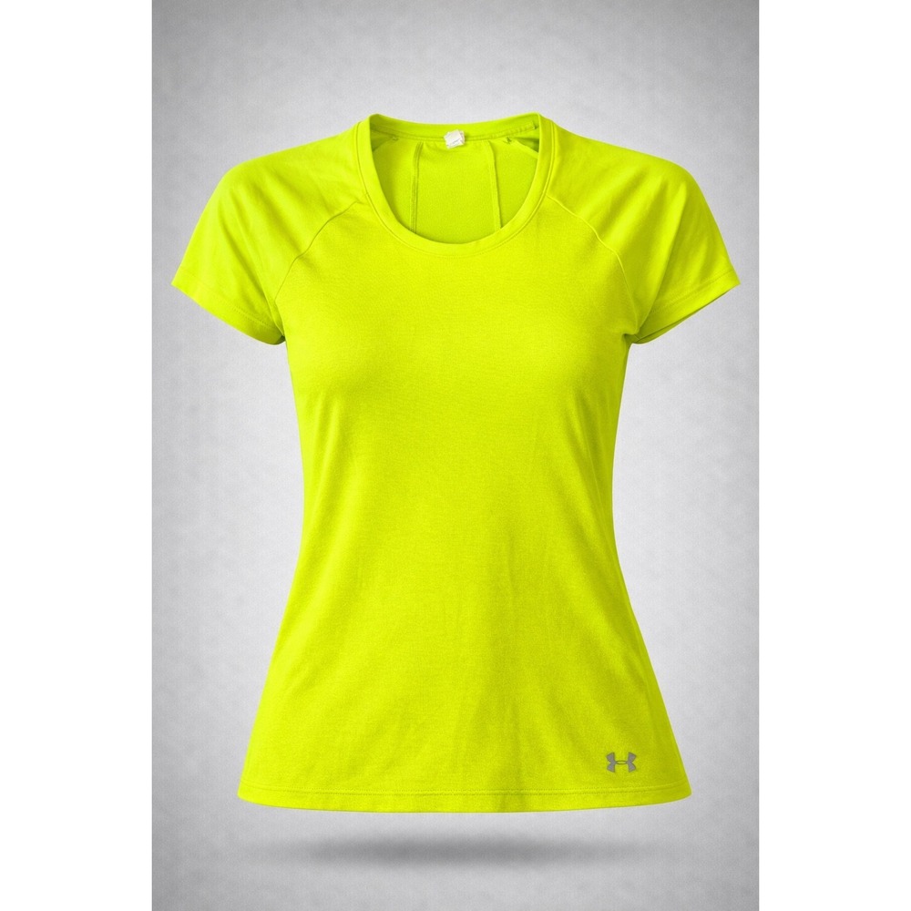 🍁Under Armour HeatGear Women Neon Yellow Short Sleeve T-Shirt Semi-Fitted Small